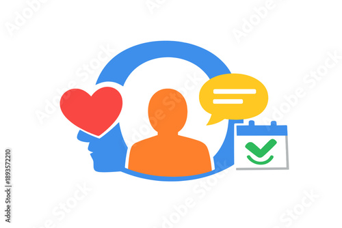 Concept of personal growth and planning with icons representing emotions, communication, and scheduling in a digital style