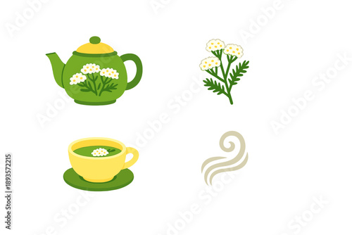Green teapot with flowers, steaming cup, and plant in minimal style represent a simple tea moment with nature's touch in a cozy setting