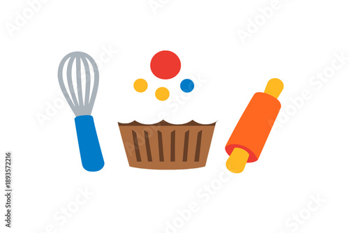 Baking supplies with a cupcake, whisk, and rolling pin on a white background showing kitchen tools and dessert preparation steps
