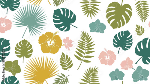 Seamless botanical pattern featuring tropical palm leaves, monstera, and colorful exotic flowers