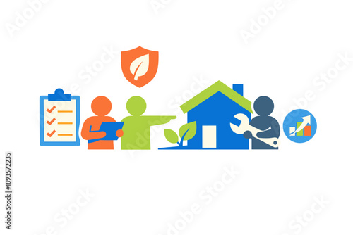 People discussing home improvement with a checklist and tools in a workshop during a training session for local builders