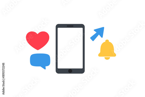 Symbols of social media interaction show phone screen with heart, speech bubble, and bell at center with vibrant colors