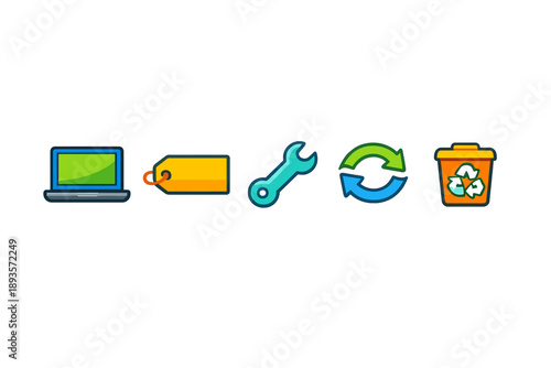 Icons representing technology, repair, recycling, and disposal in a digital context for an informational graphic