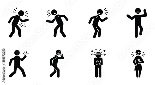 Stick figures illustrating various forms of physical and emotional distress