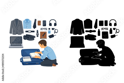 Packing clothes and items into a suitcase while preparing for a trip in a simple room during the day