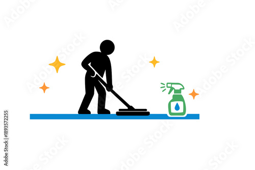 Worker uses mop to clean floor with spray cleaner nearby during daytime