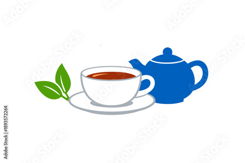 Warm tea in a cup with a teapot and a green leaf sit on a simple table, showing a moment of enjoying a hot drink, perfect for relaxing afternoon