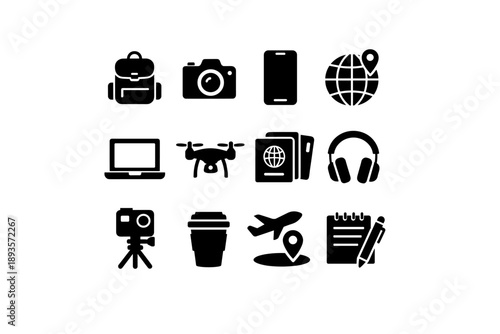 Collection of travel and technology icons for digital nomads and modern adventurers