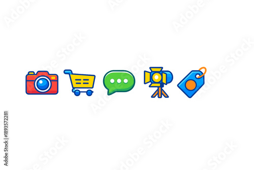 Icons show camera, shopping cart, chat bubble, video camera, and price tag used in online shopping and digital communication