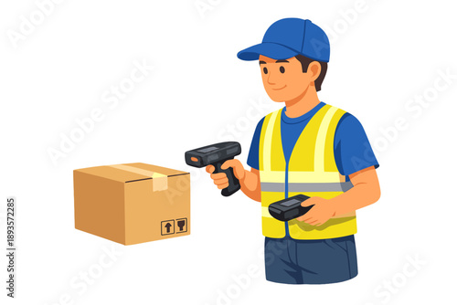 Worker scans a barcode on a box in a warehouse during a busy afternoon shift