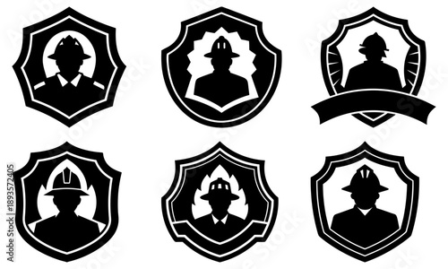 Collection of Firefighter Silhouette Badges and Icons in Various Shield Designs