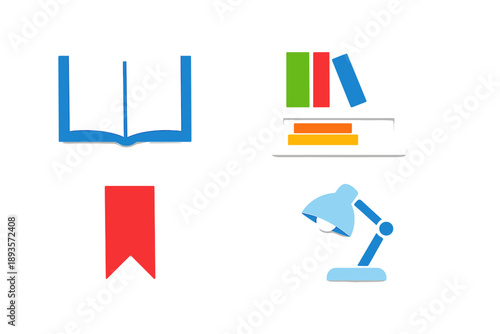 Free Download Colorful icons of a book, bookshelf, bookmark, and desk lamp showing elements of reading and study activities in a simple layout - GFXLoad