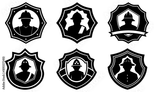 Collection of Firefighter Silhouette Icons in Various Shield Designs