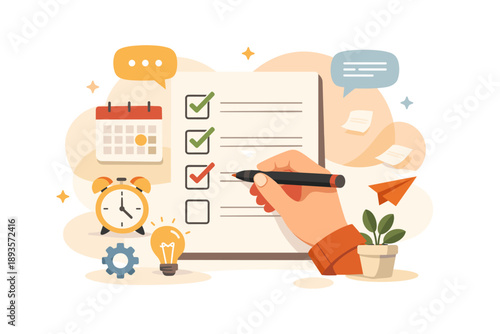 Checklist creation for task management in an office setting with various tools and reminders