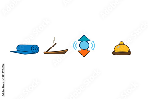 Activities and items found in a yoga studio with a focus on relaxation and wellness practices during a morning session