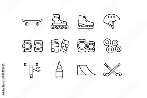 Collection of extreme sports equipment icons including skateboard, skates, helmet, and protective gear