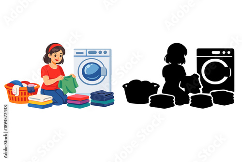 Person doing laundry at home in the afternoon while sorting clothes and using a washing machine near a basket of clean clothes