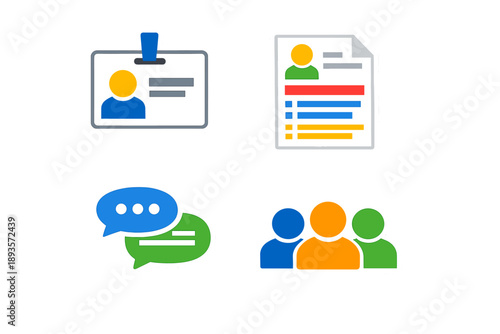 Icons representing various communication and identification tools for workplace settings, showcasing interactions and personal information management in a simple manner