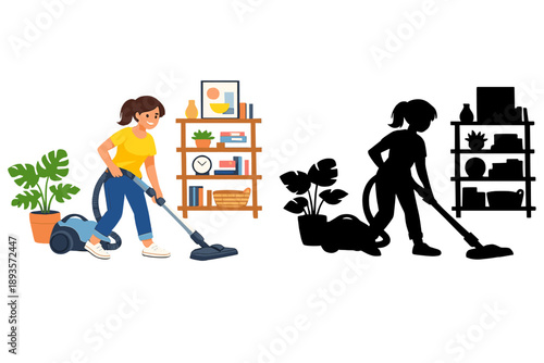 Woman cleaning living room with vacuum while shadow shows silhouette of another woman cleaning shelves
