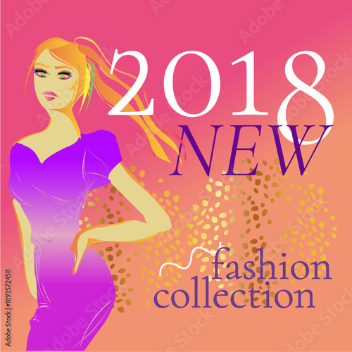 Spring fashion banner with a girl as a model using violet dress and accessories. online shopping, sale poster. Vector illustration background blink and geometric shape gold