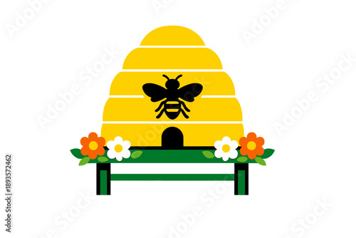 Bright yellow bee hive with a black bee and colorful flowers in a simple design showing the importance of bees to nature