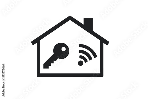 Home symbol with key and signal representing security and connectivity in digital living