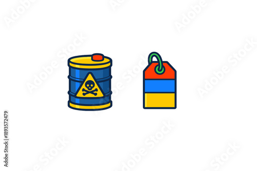Warning sign showing a barrel with hazard symbol and a tag; alerts about dangerous materials and chemicals in storage environments