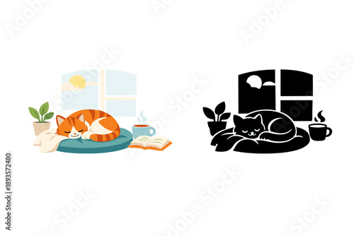 Two cats resting by a window with plants, a book, and cups of coffee on a sunny day in a comfortable indoor setting