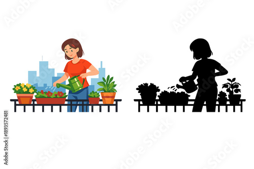 Gardener waters plants on balcony in city with skyline view during daytime with friend helping in silhouette