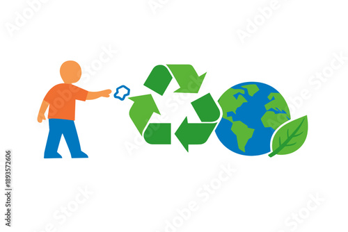 Person throws recycling symbol towards Earth to promote environmental care and awareness about recycling