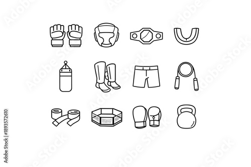 Collection of combat sports equipment icons in a clean line art style