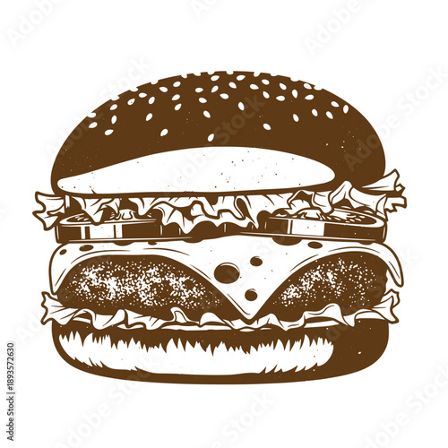 Vintage Grunge texture A detailed illustration of a cheeseburger with lettuce cheese and tomato on a sesame seed bun  a classic American food