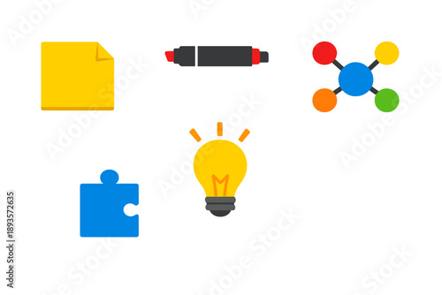 Tools for creative thinking and problem solving in a brainstorming session with various objects on a plain background