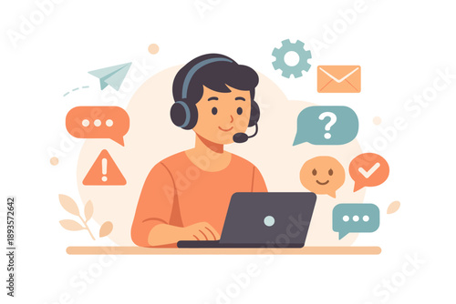 Person using a laptop while wearing headphones and a microphone in a workspace setting with various chat icons around