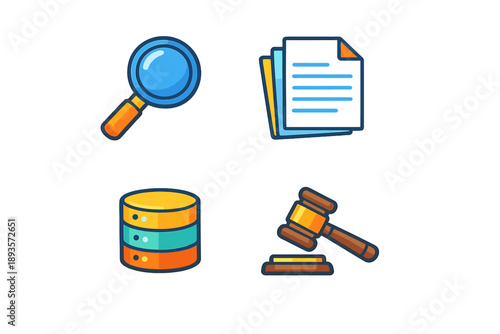 Set of icons representing legal research, document management, data storage, and judicial processes used in law and order activities