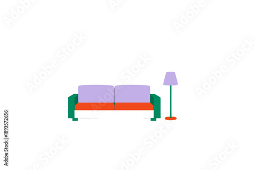 Colorful couch and lamp setup in a simple living room scene during the day in a minimalistic style