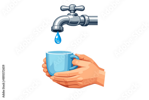 Water is dripping from a faucet into a blue cup held by two hands in a kitchen setting during daytime