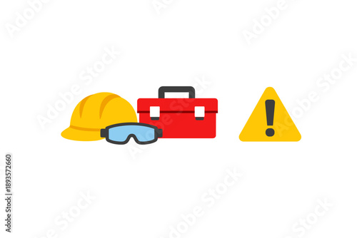 Construction tools and safety equipment are arranged on a plain background during a work session to ensure safety and efficiency on the job site