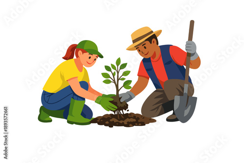 Two people plant a young tree together in a garden during daytime while using gardening tools and wearing appropriate clothing