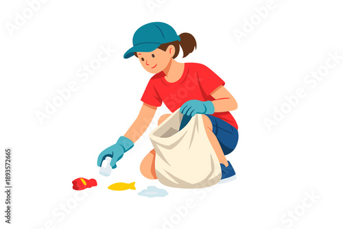 Young person collects trash from the ground in a park wearing gloves and a cap while placing it into a bag during the day