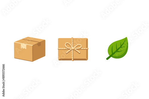 Three items are shown in the picture with a box, a wrapped package, and a green leaf representing different aspects of delivery and nature