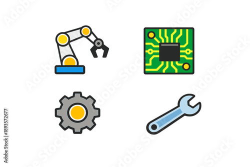 Different tools and machines are shown, including a robot arm, a circuit board, a gear, and a wrench, all placed on a simple background