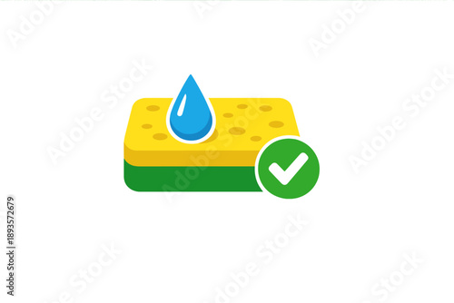 Cleaning sponge with a water droplet and a check mark showing readiness for use in a cleaning task at home