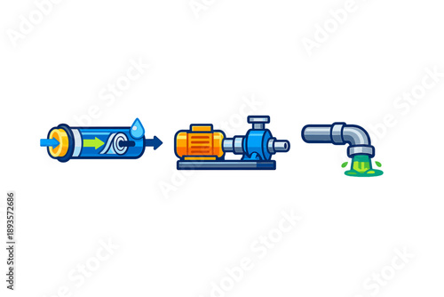 Water filtration process showing three steps from intake to pumping and discharge at a wastewater outlet during operational hours