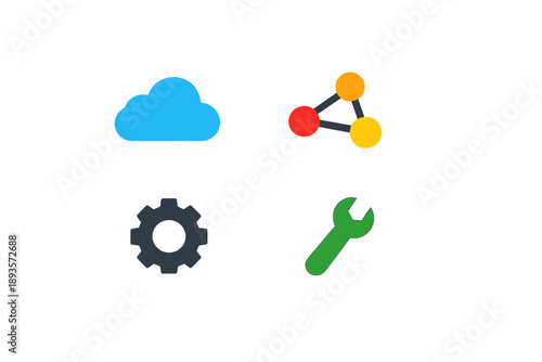 Cloud, network, gear, and wrench show technology tools used for internet services in a digital environment and their importance in modern work settings