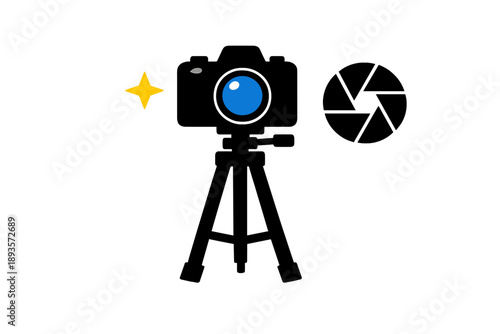 Camera and tripod with an aperture symbol, capturing moments and memories in a creative setting during the day