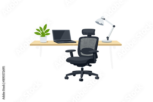 Workspace setup with a chair, desk, laptop, lamp, and plant during daytime hours for a functional office area