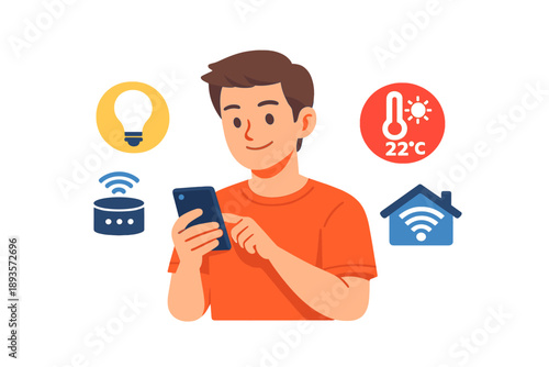 Young person interacting with smart home devices using a mobile phone and checking room temperature on a sunny day