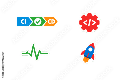 Symbols of software development and deployment with tools for continuous integration, continuous delivery, coding, monitoring, and launching