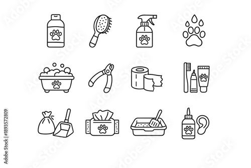 Collection of pet grooming and hygiene icons with paw prints
